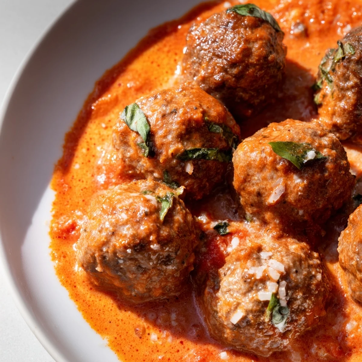 Creamy tomato basil meatballs served steaming in a rustic skillet over cooked pasta