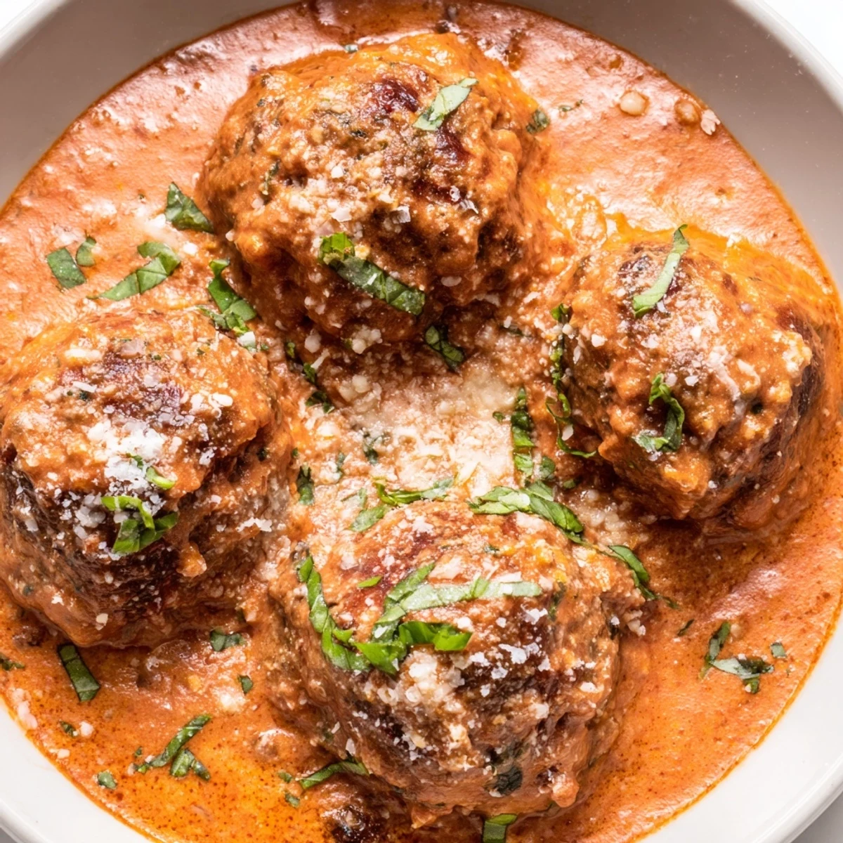 Close-up of creamy tomato basil meatballs draped in rich red velvet sauce