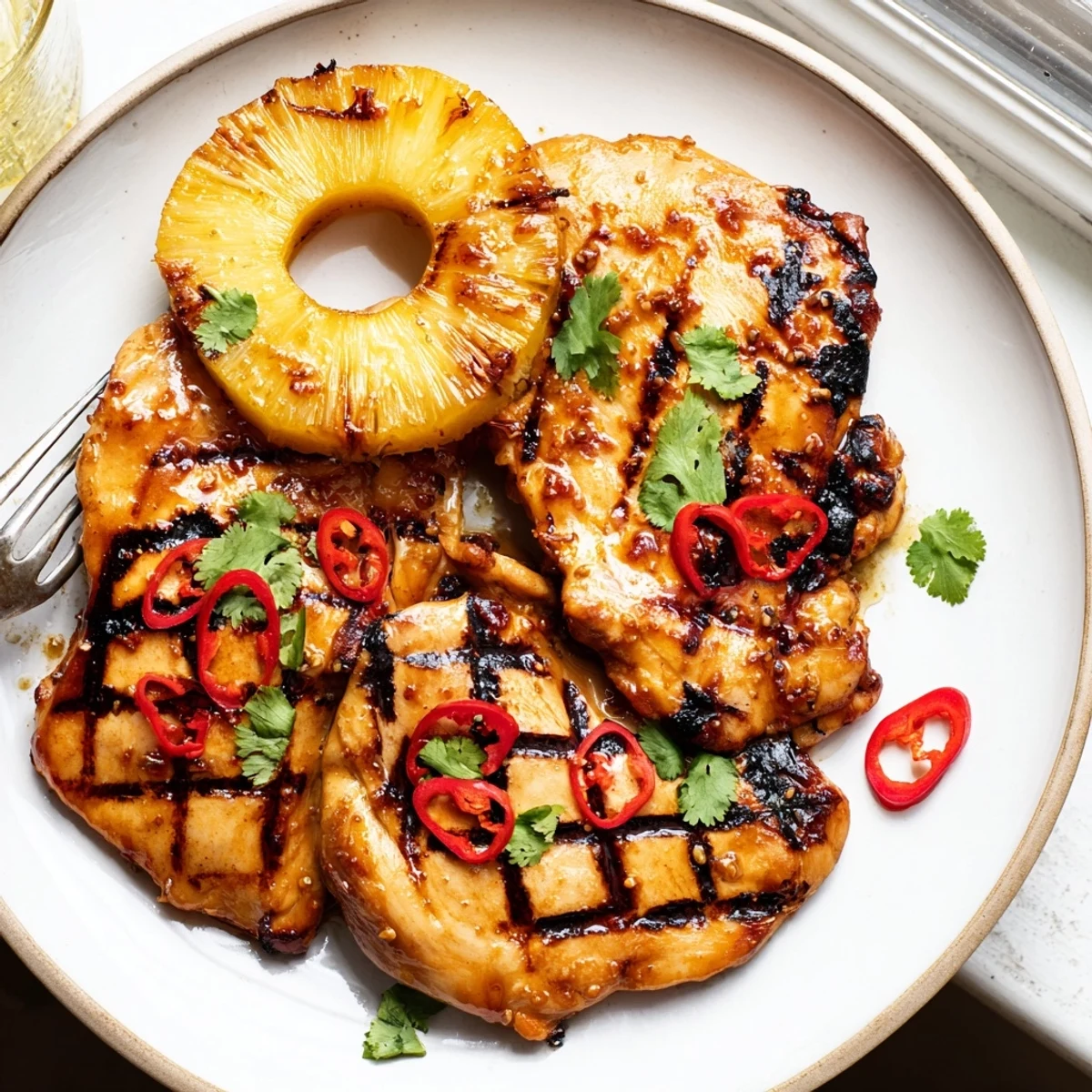 Golden Chili Pineapple Grilled Chicken sliced open showing tender meat beside fresh cilantro
