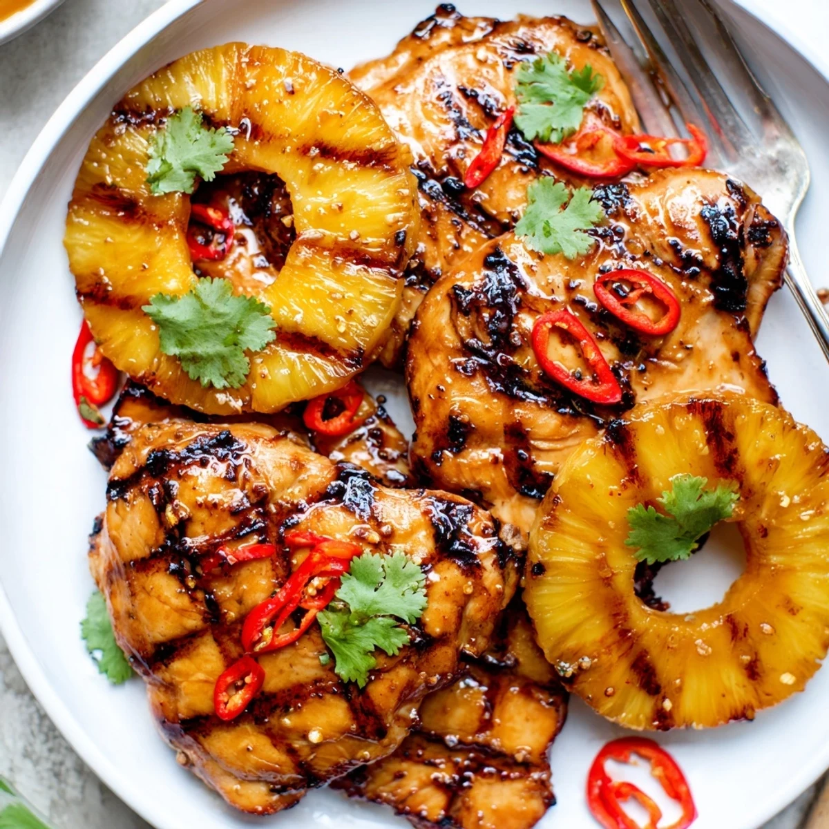 Juicy Chili Pineapple Grilled Chicken with caramelized pineapple rings on a summer plate
