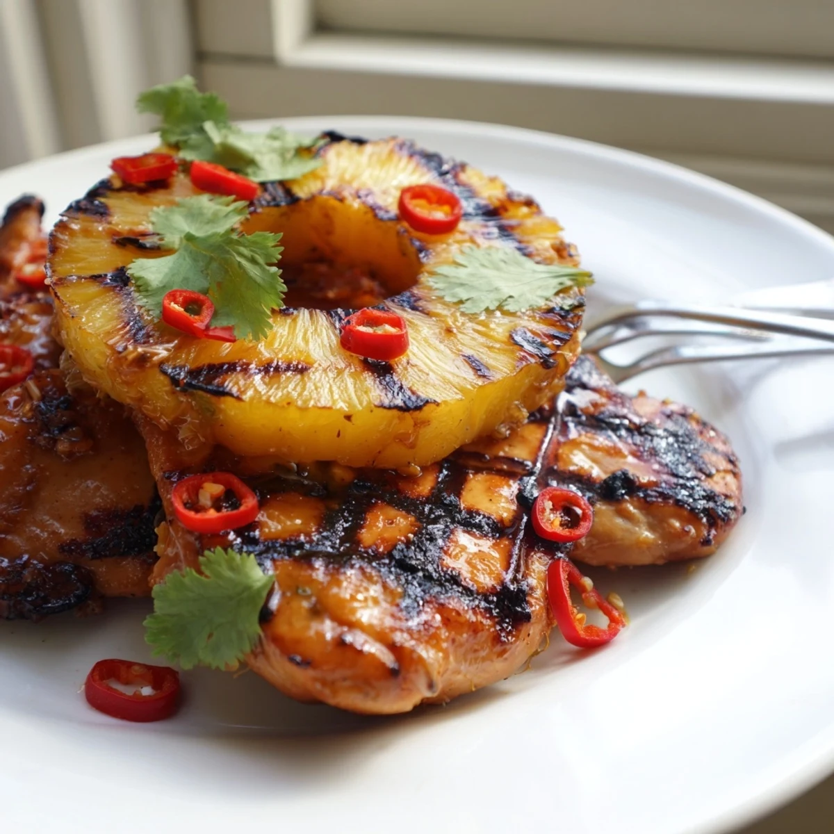Spicy Chili Pineapple Grilled Chicken garnished with red chili slices and grilled pineapple wedges