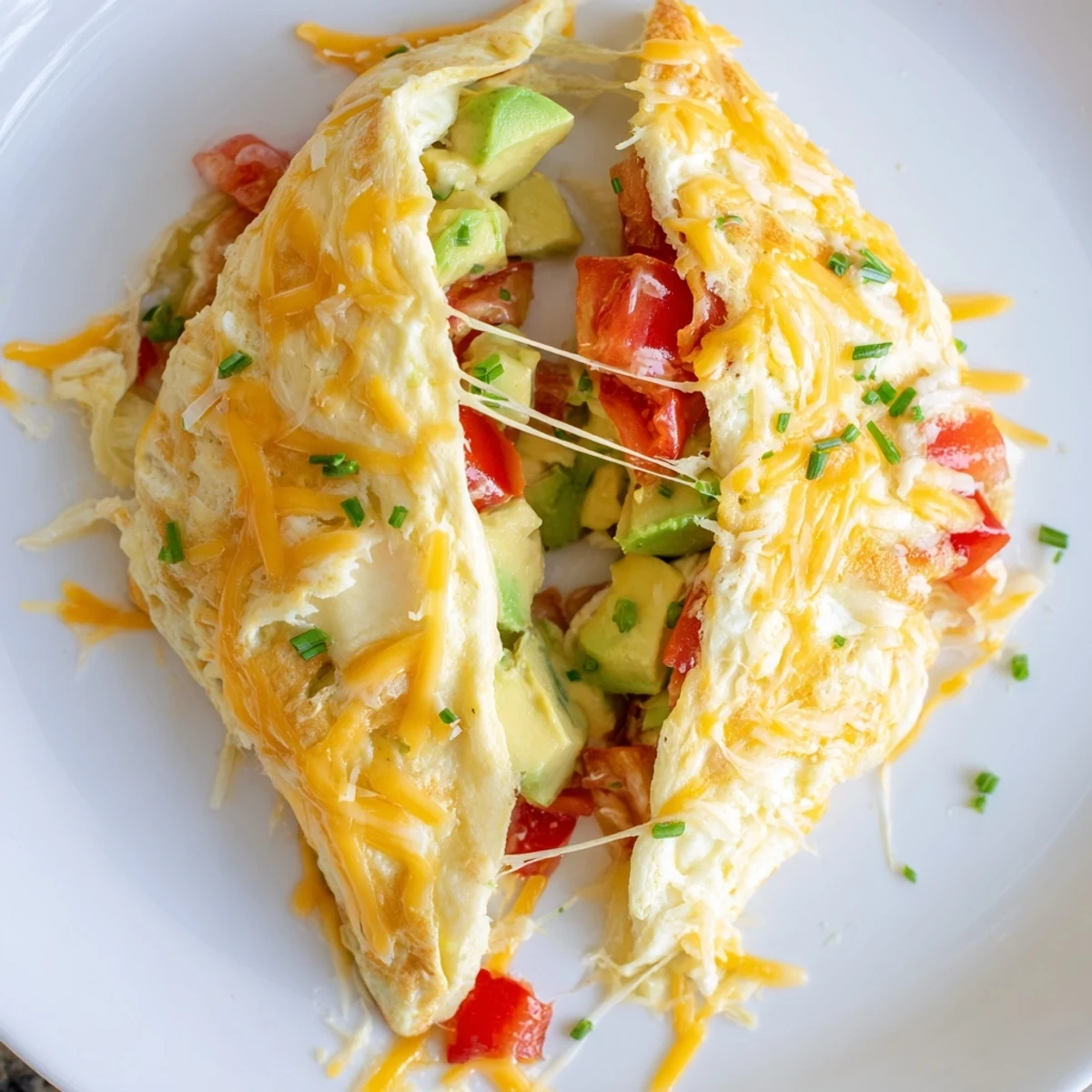 Golden creamy avocado cheesy tomato omelette folded on a white breakfast plate