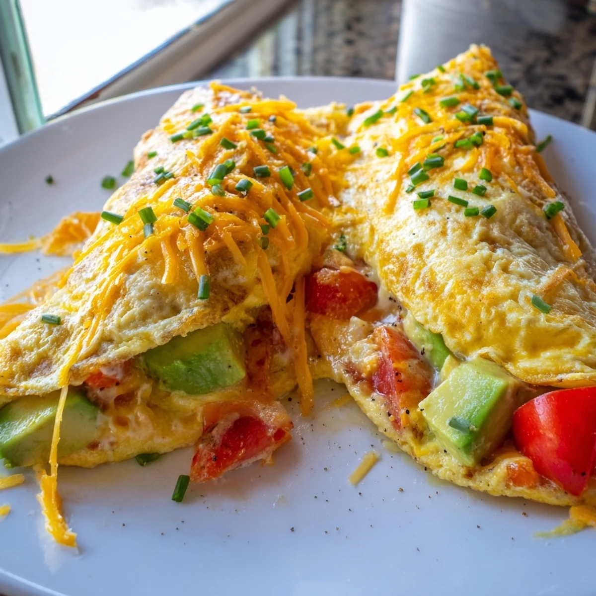 Melted cheddar and ripe avocado ooze from this creamy avocado cheesy tomato omelette
