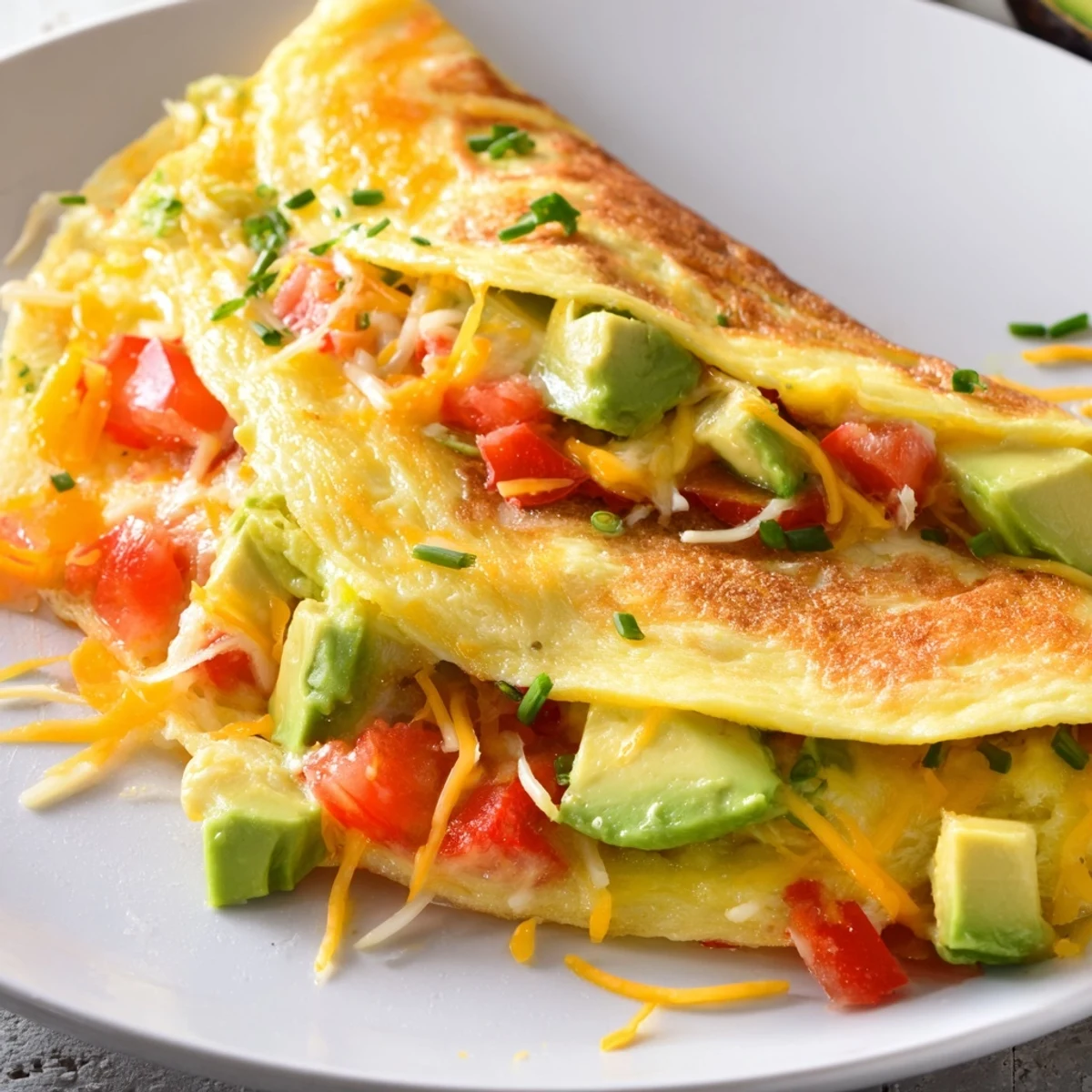 Steaming creamy avocado cheesy tomato omelette garnished with chives beside toasted bread