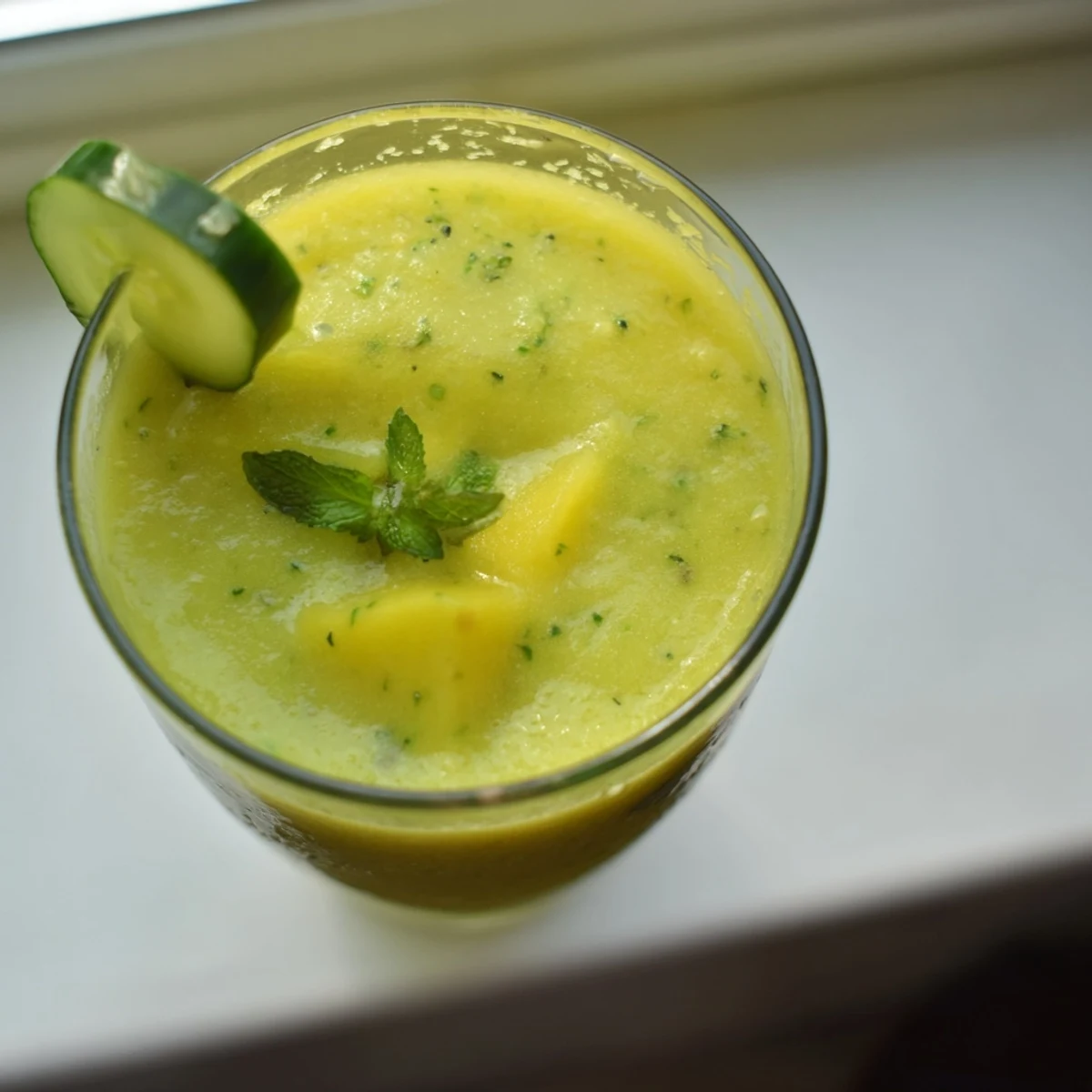 Vibrant yellow mango cucumber smoothie served chilled in two tall glasses