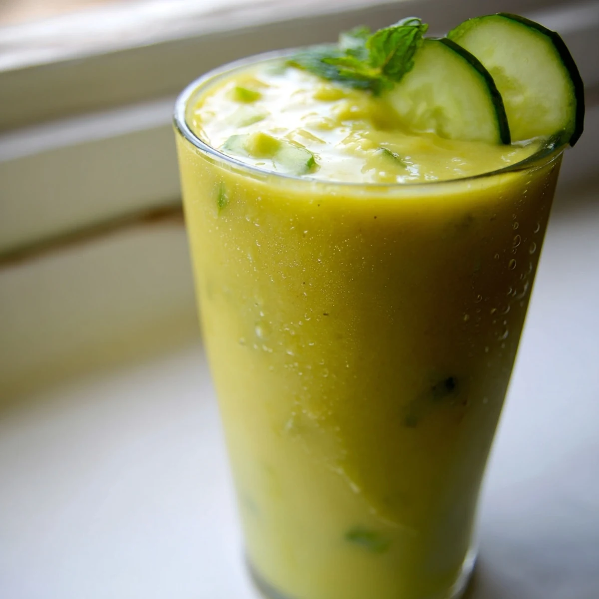 Creamy mango cucumber smoothie poured into a glass with fresh mint garnish