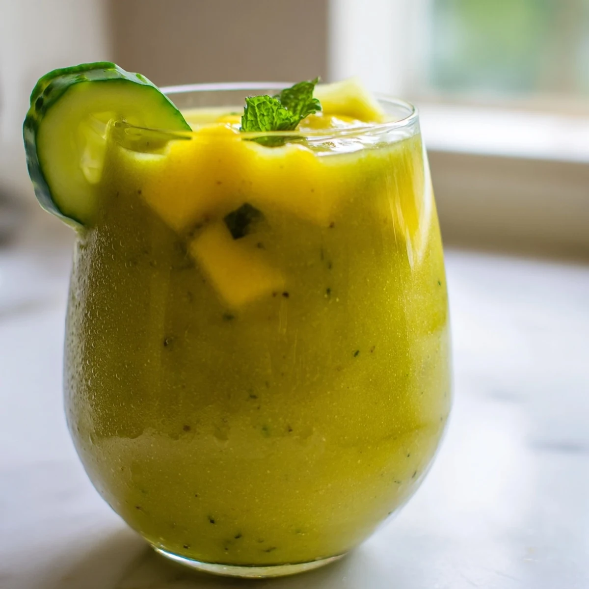 Tropical mango cucumber smoothie blended smooth and garnished with a lime wedge