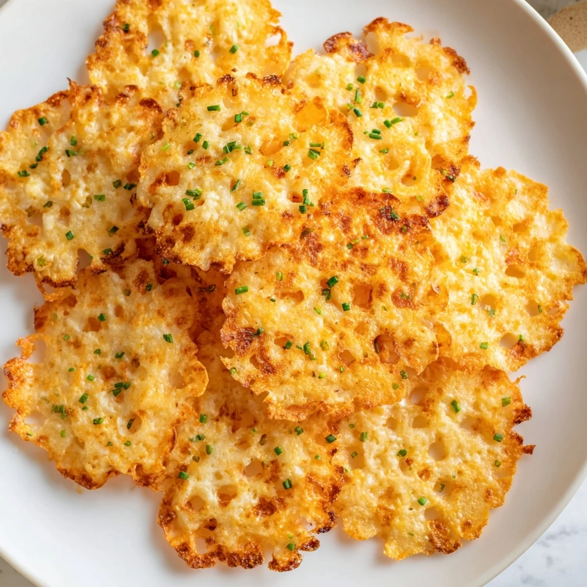Golden crispy cottage cheese chips baked until perfectly crunchy and sprinkled with parmesan and chives.