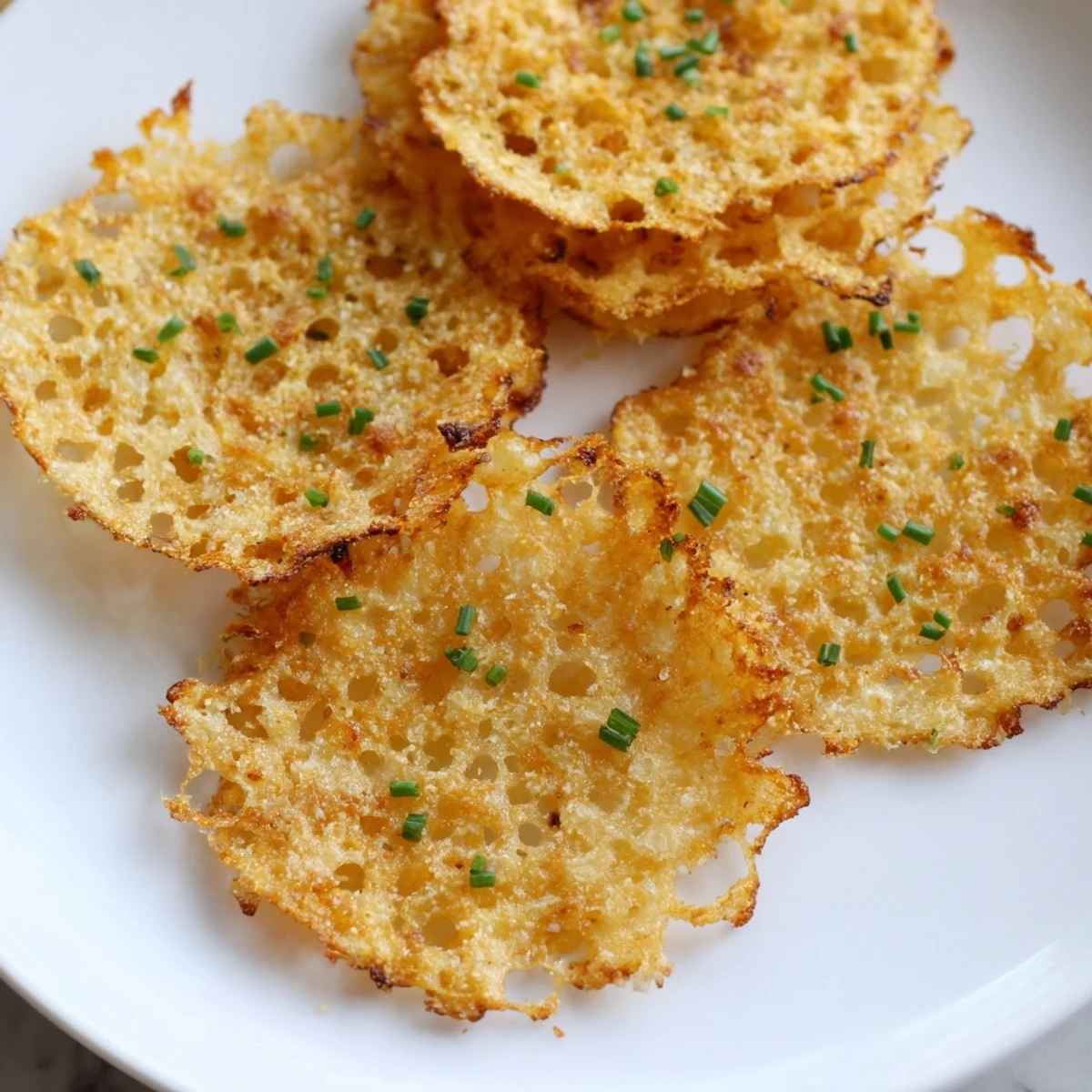 Savory cottage cheese chips arranged on parchment, with crisp golden edges and a sprinkle of smoked paprika.