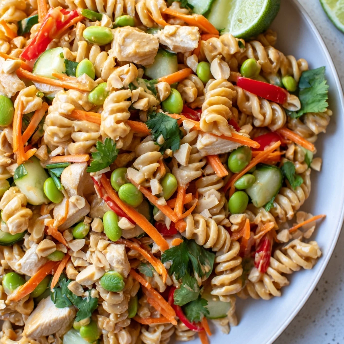 Protein Packed Thai Pasta Salad in a white bowl topped with crushed peanuts and lime wedges