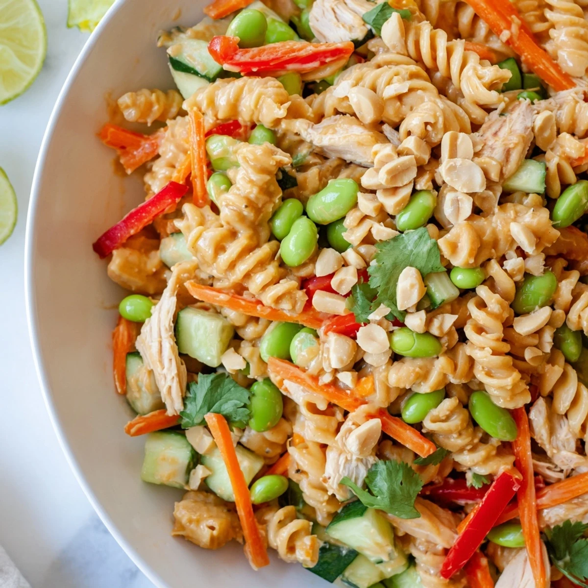 Colorful Protein Packed Thai Pasta Salad tossed with crisp bell peppers, edamame, and creamy peanut dressing