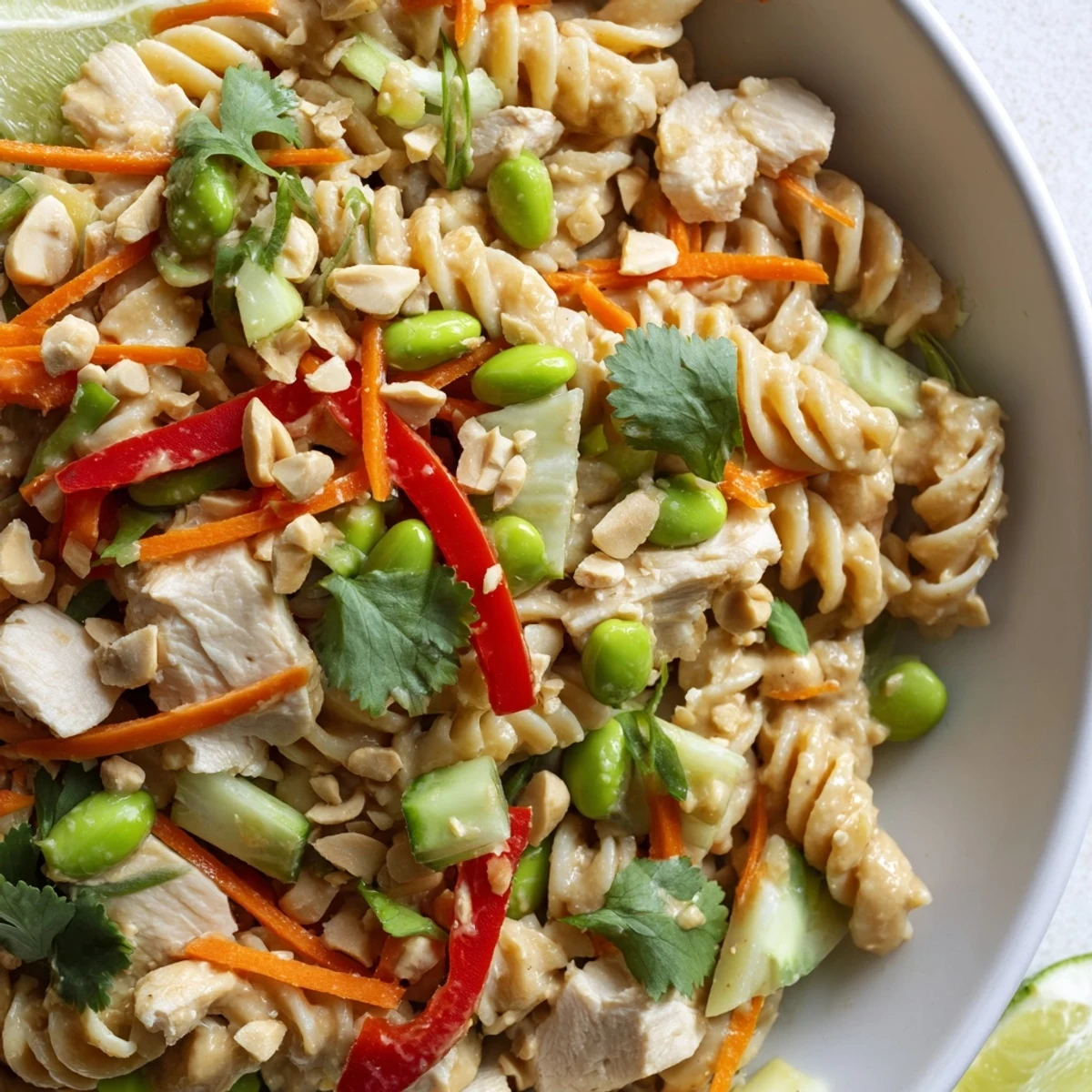Close-up of Protein Packed Thai Pasta Salad featuring tender pasta, shredded carrots, and fresh cilantro