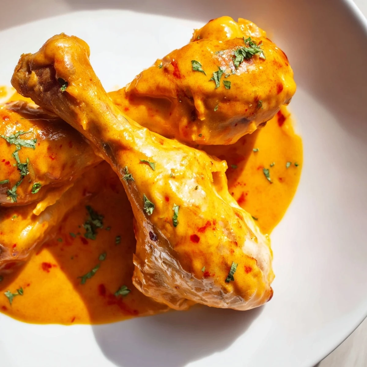 Creamy paprika chicken drumsticks glistening with golden spice coating in cast iron skillet