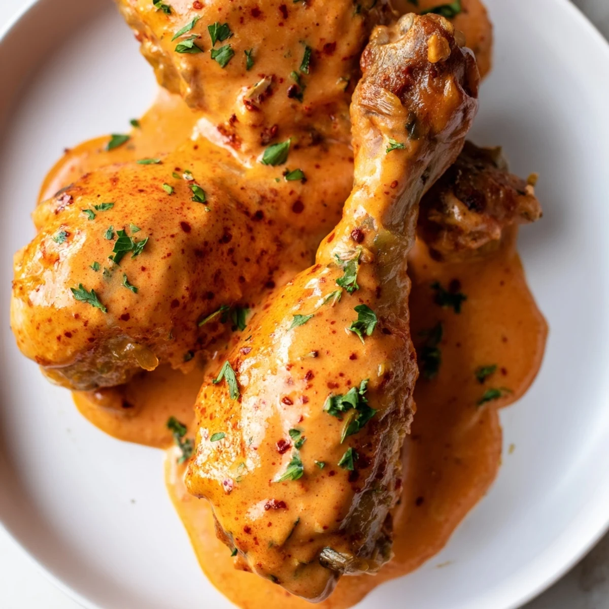 Juicy paprika chicken drumsticks nestled in rich velvety cream sauce with fresh parsley garnish