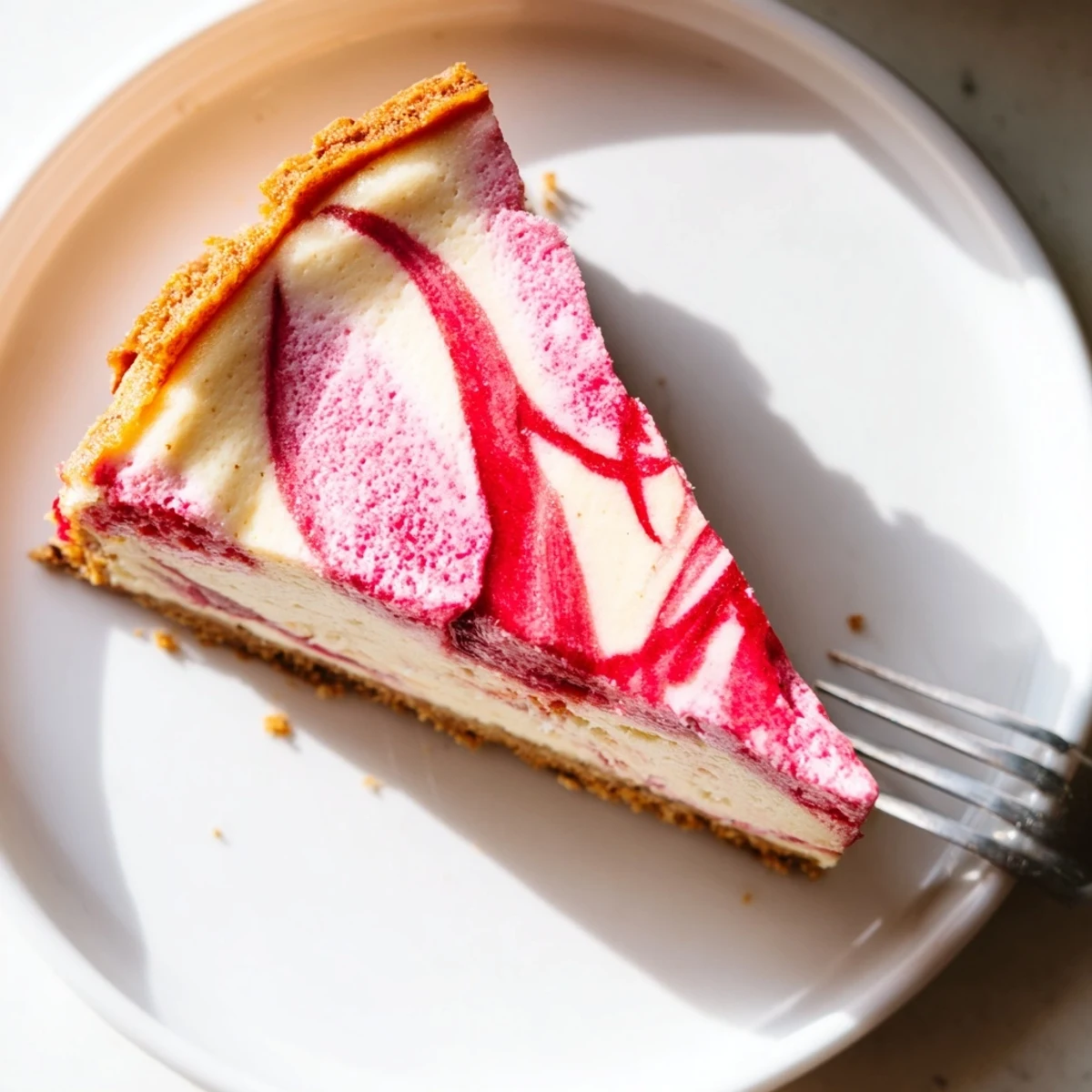 Tangy rhubarb compote rippled through a smooth low-carb cheesecake slice on a plate