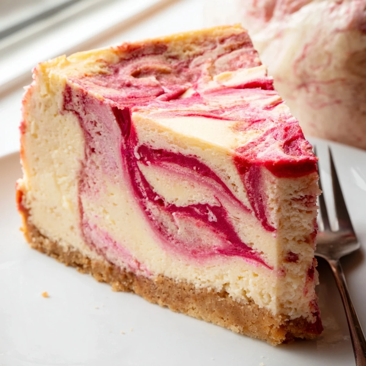 Creamy keto rhubarb cheesecake with vibrant pink swirls on a golden almond crust
