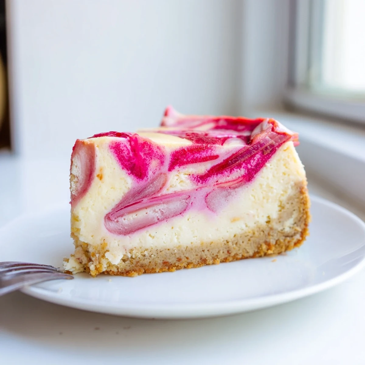 Luscious keto rhubarb cheesecake topped with a jewel-toned fruit swirl, ready to serve