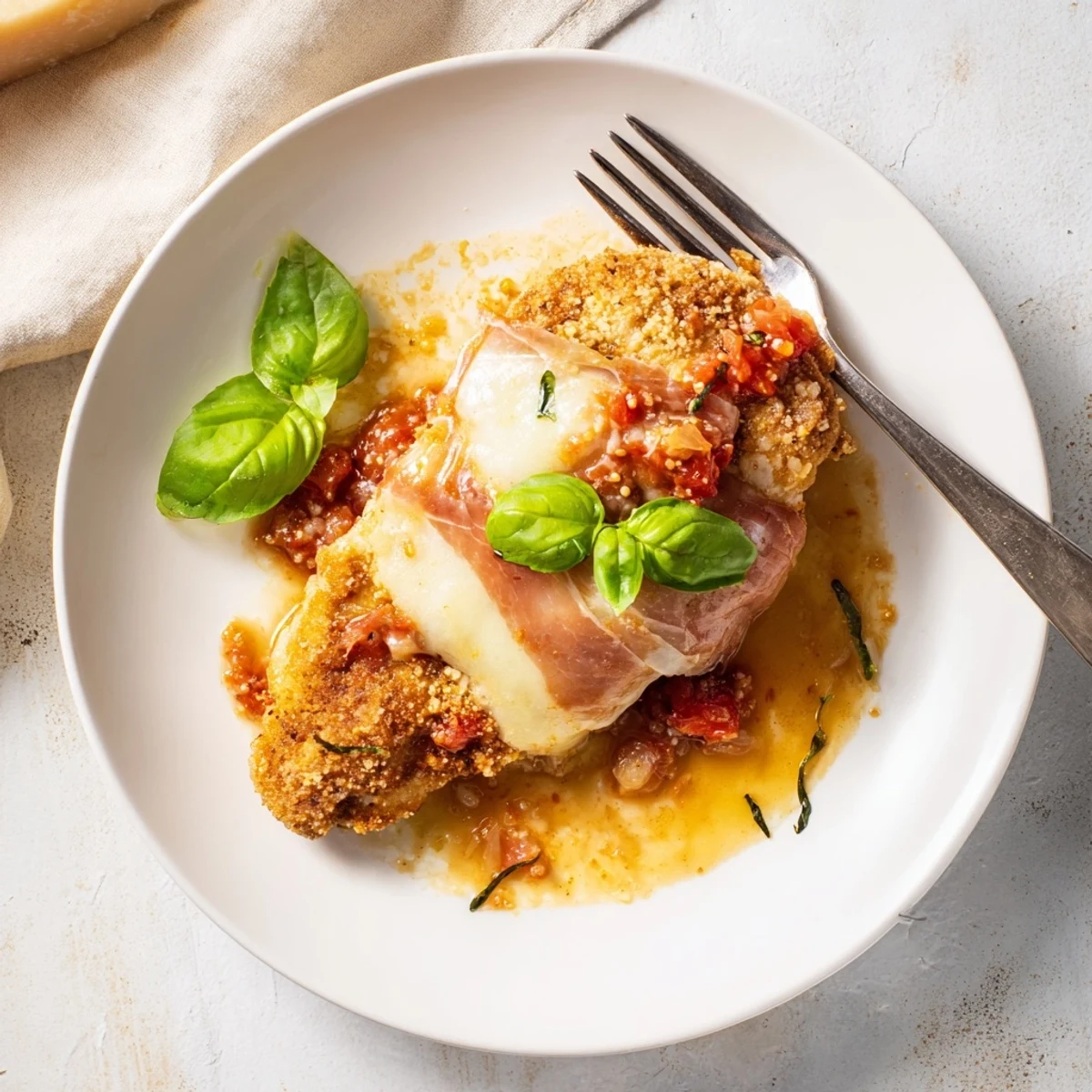 Golden Chicken Valdostana topped with melted Fontina and crispy prosciutto in rich tomato sauce