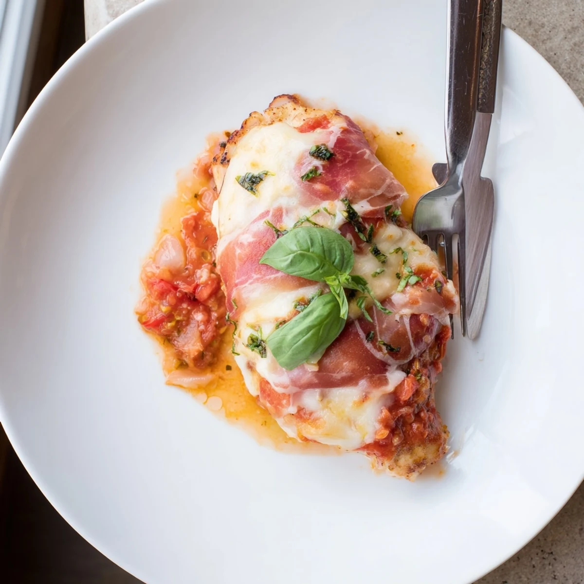 Tender breaded Chicken Valdostana smothered in gooey cheese and savory white wine tomato sauce
