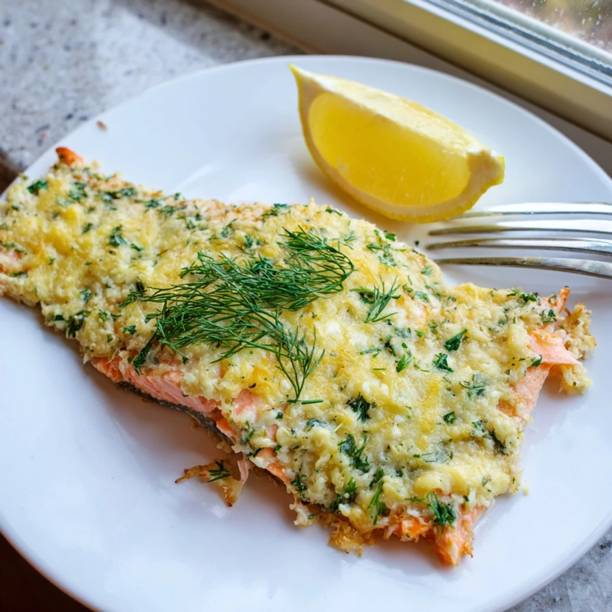 Baked Boursin salmon fillets topped with creamy herb cheese on a parchment-lined baking sheet.