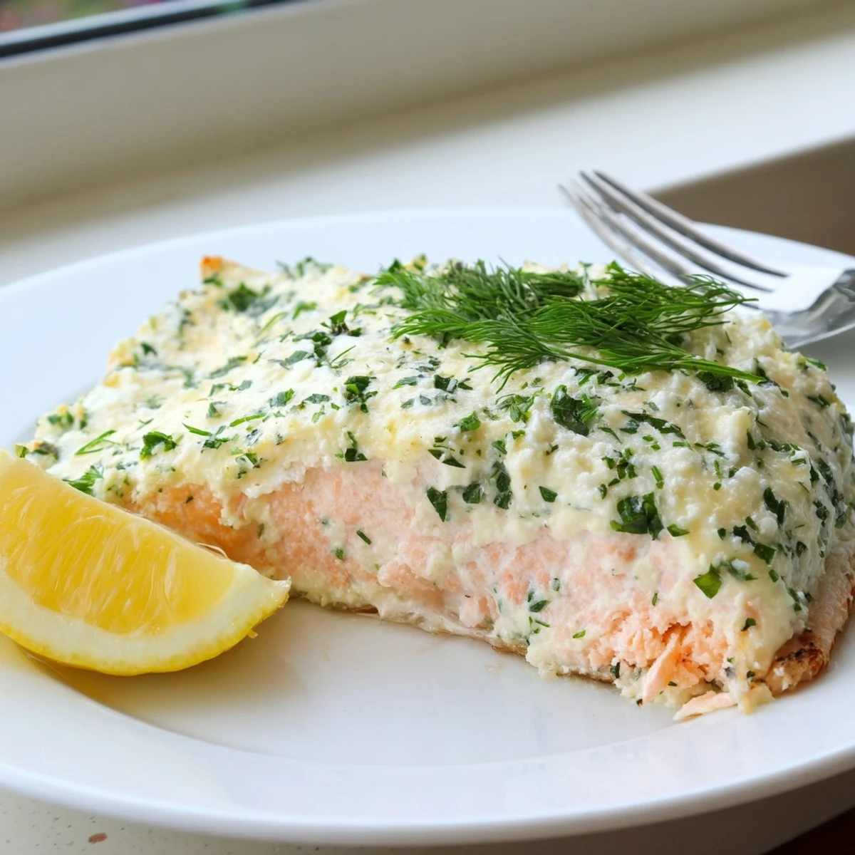 Golden baked Boursin salmon with melted garlic herb cheese, fresh chives, and lemon wedges.