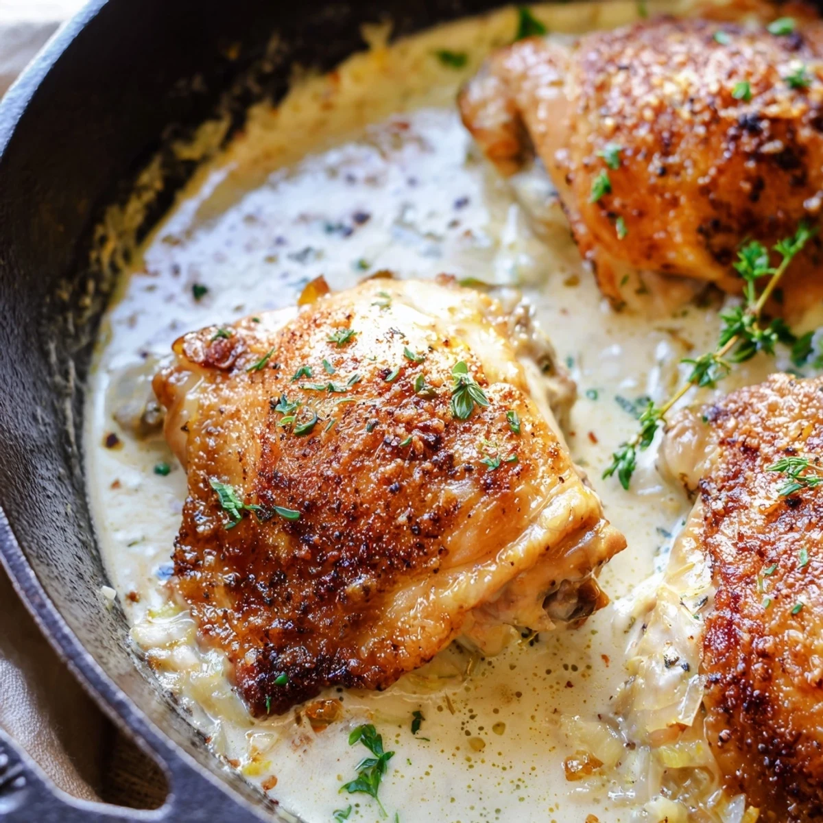 Golden oven baked chicken thighs nestled in a creamy garlic parmesan sauce