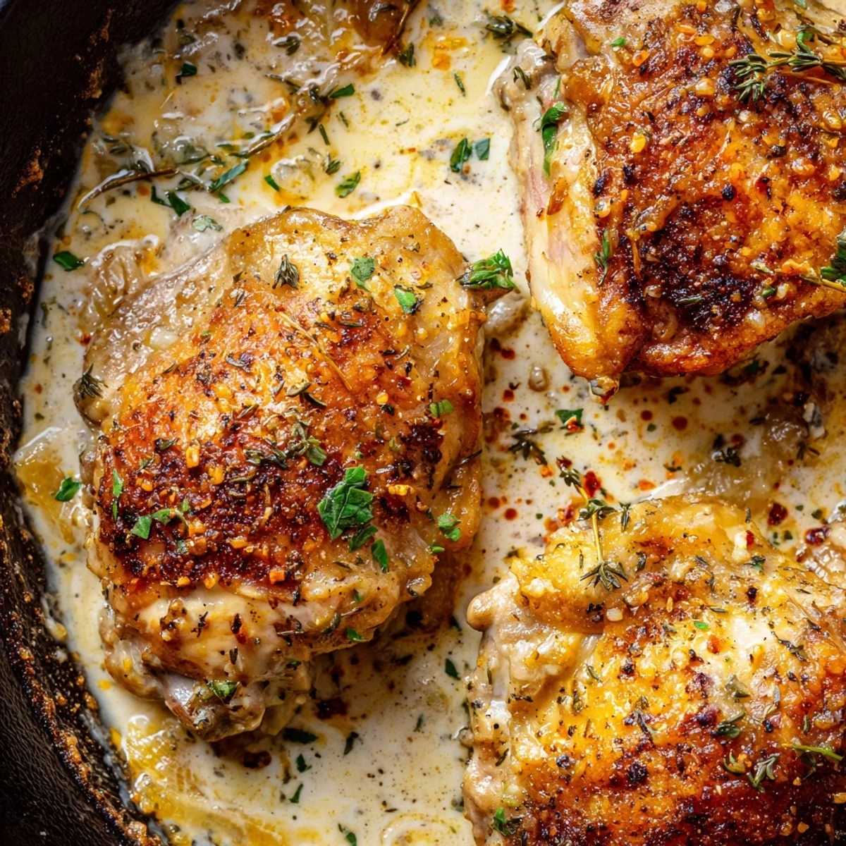Creamy oven baked chicken thighs with crispy herb-crusted skin in bubbling sauce