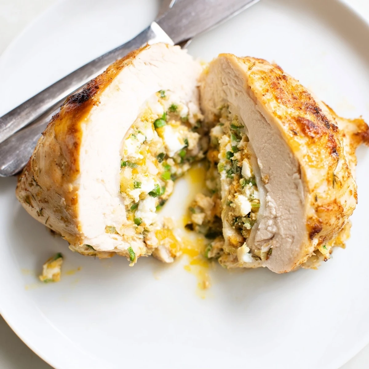 Juicy goat cheese chicken sliced open, revealing a creamy herb filling