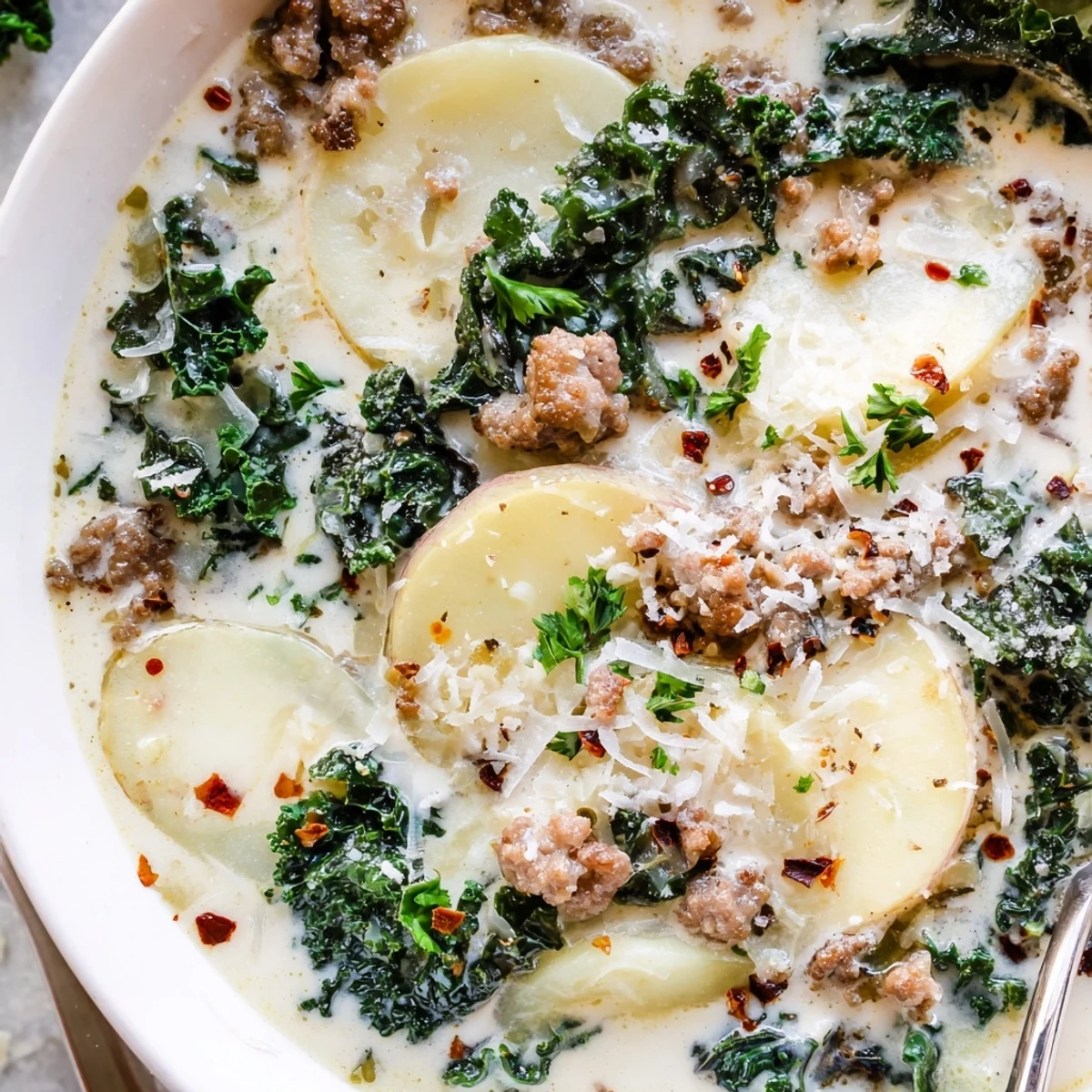 Creamy Zuppa Toscana soup loaded with sausage, potatoes, and tender kale in a rustic bowl.