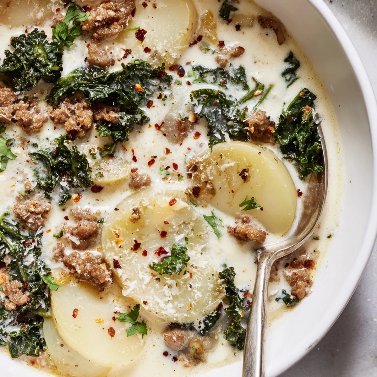 Steaming bowl of Zuppa Toscana soup topped with Parmesan and fresh parsley garnish.