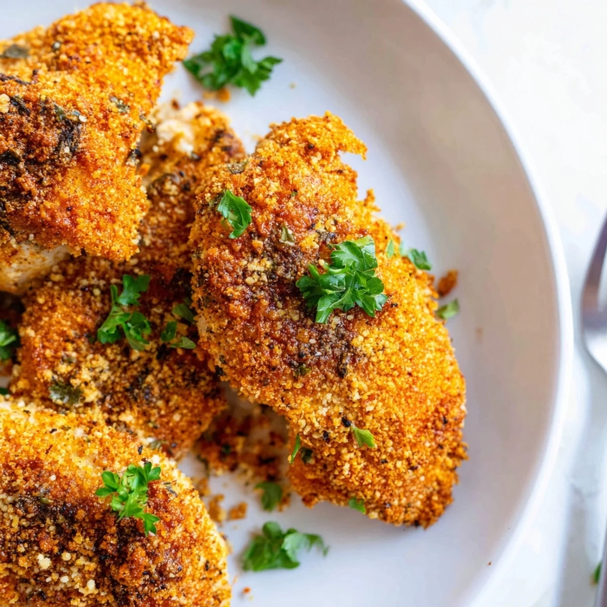 Golden Paprika Parmesan Chicken with a crispy herb crust on a baking sheet