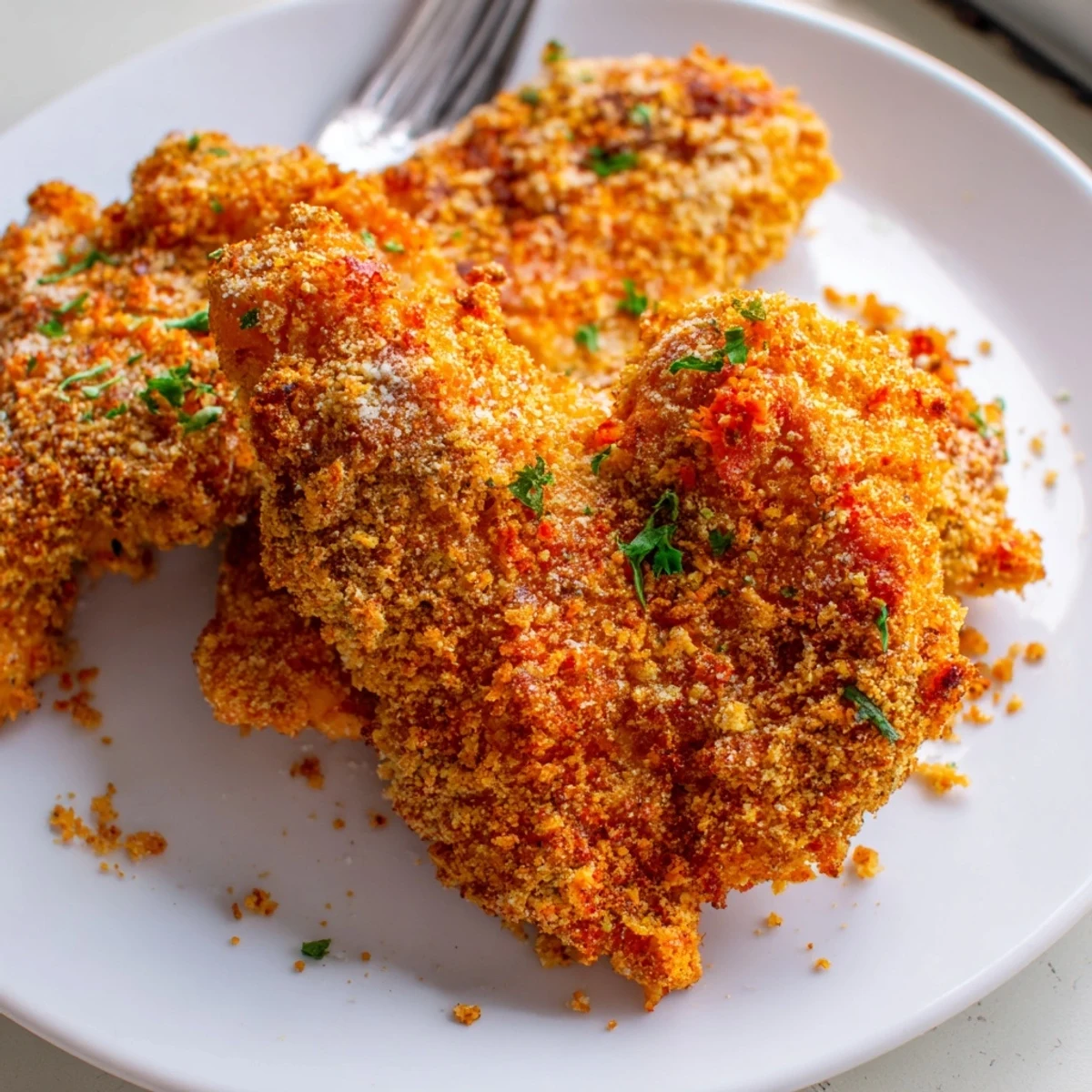 Juicy Paprika Parmesan Chicken garnished with fresh parsley and bright lemon wedges