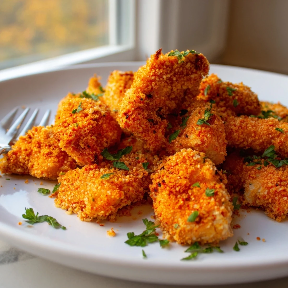 Crispy coated Paprika Parmesan Chicken sliced open revealing tender moist golden meat inside