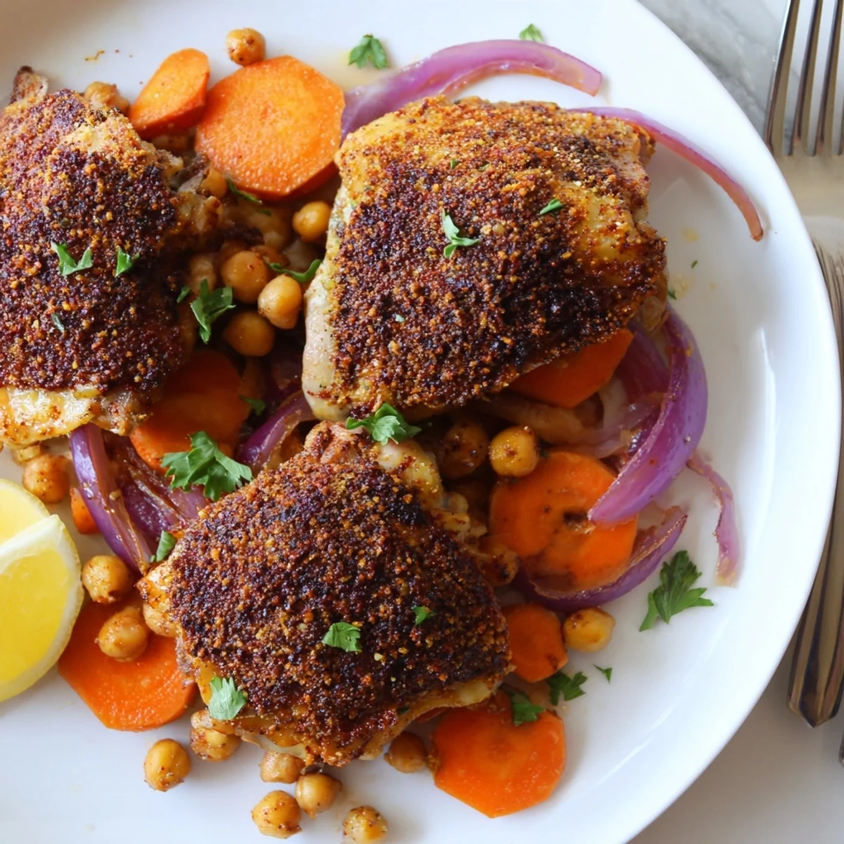 Golden sumac chicken with carrots and chickpeas roasted on a sheet pan