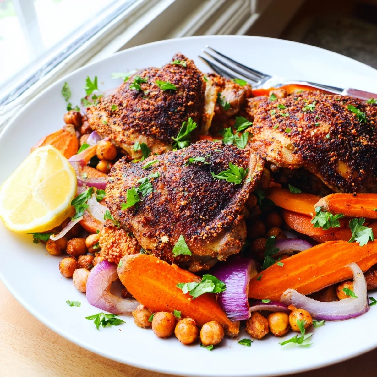 Crispy-skinned sumac chicken nestled over tender carrots and hearty chickpeas