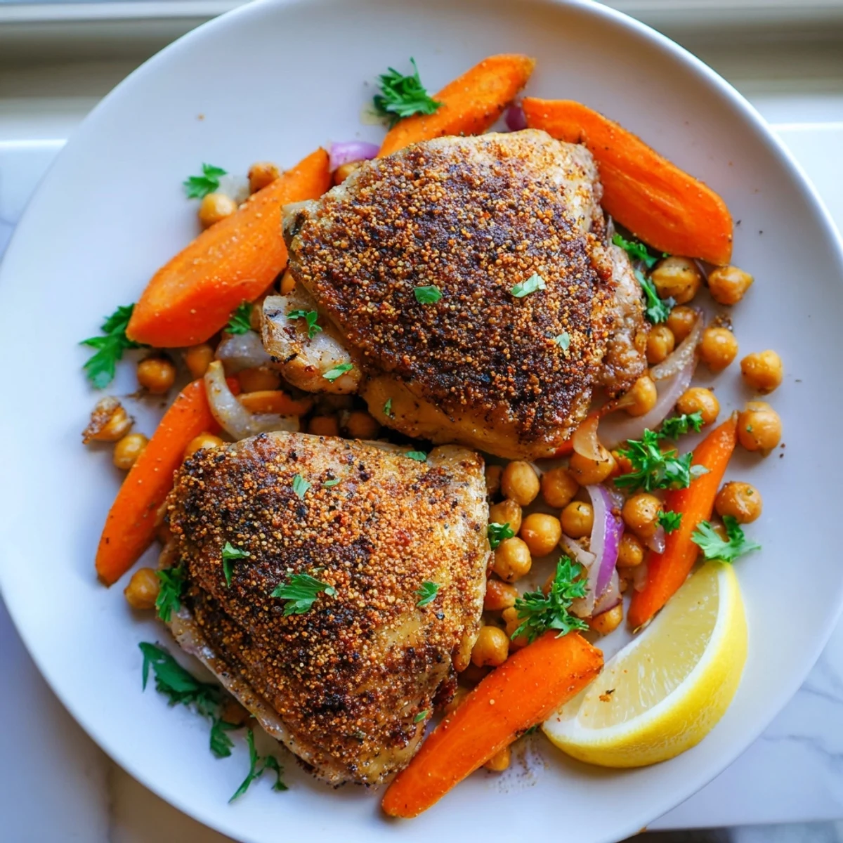 Tangy sumac chicken with caramelized carrots and chickpeas garnished with fresh parsley