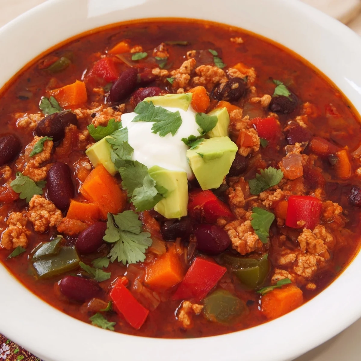 Thick diabetic chili recipe simmered with tomatoes served in a rustic bowl