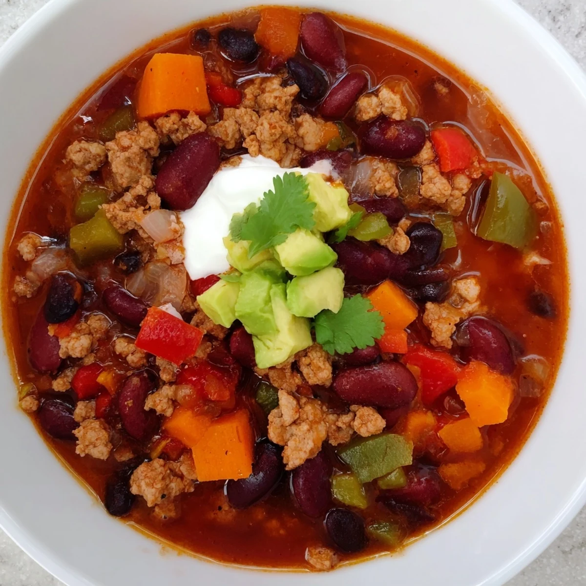 Hearty diabetic chili recipe loaded with beans and colorful bell peppers