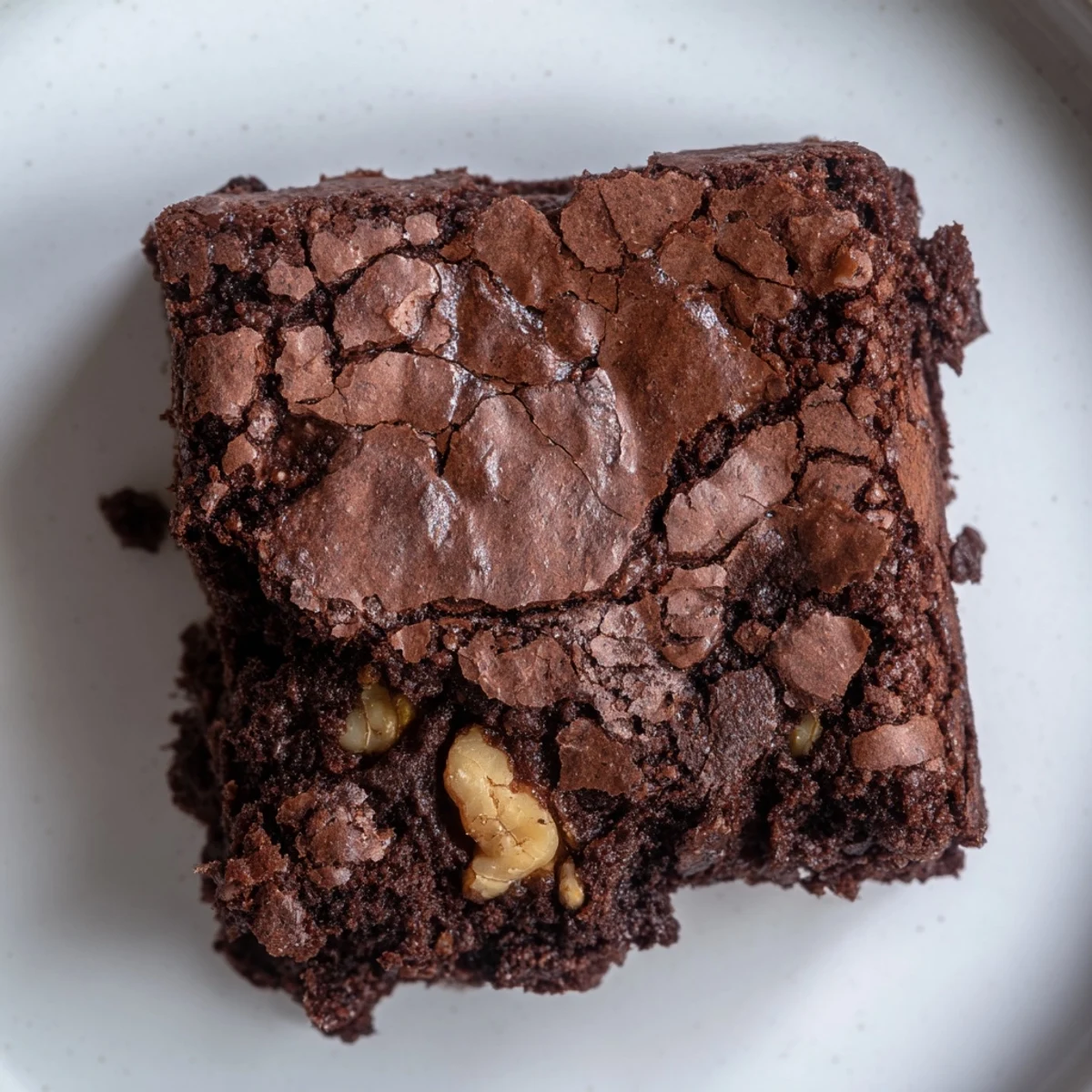 Thick dark ultimate brownies studded with walnut pieces on a rustic cutting board