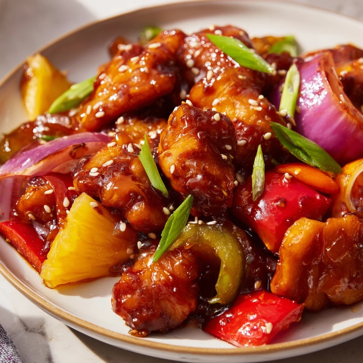Glistening Hawaiian Chicken with caramelized pineapple chunks and tender crisp bell peppers