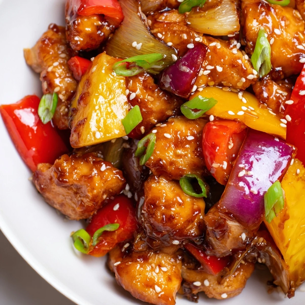 Juicy Hawaiian Chicken thighs coated in glossy sweet tangy sauce with colorful vegetables