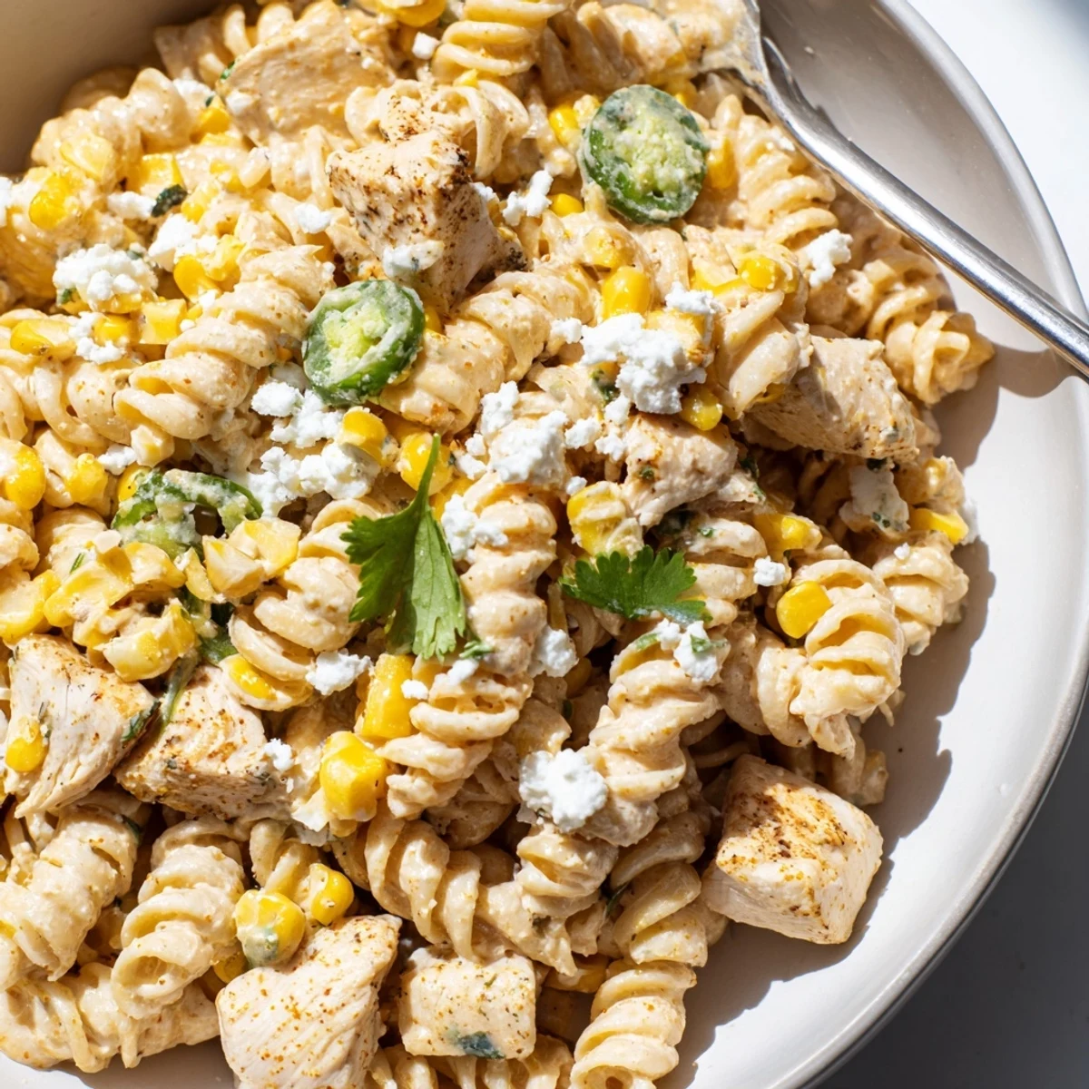 Creamy Mexican street corn chicken pasta salad topped with crushed tortilla chips and fresh cilantro