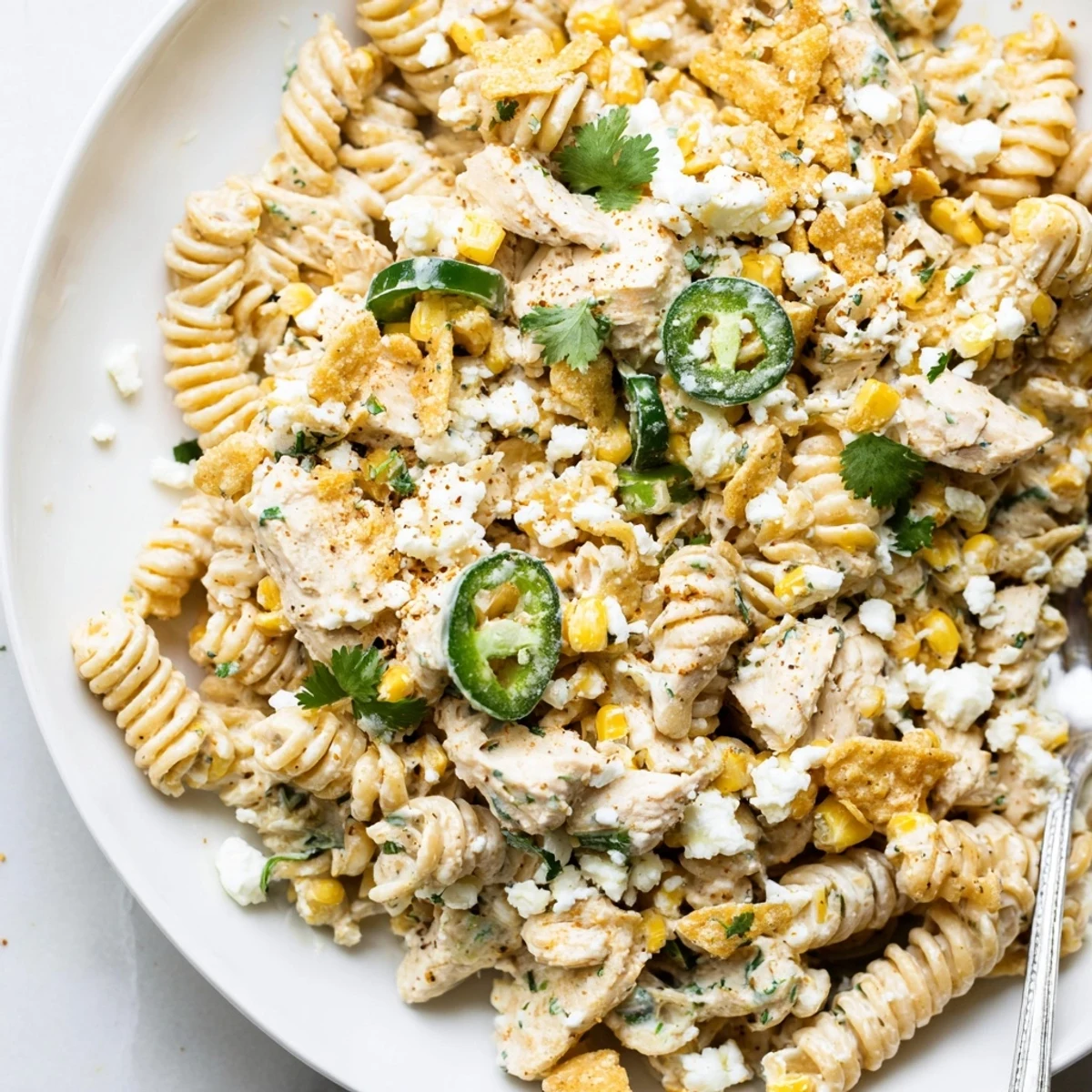 Golden charred corn and tender chicken tossed in a zesty elote-style pasta salad with crumbled cotija