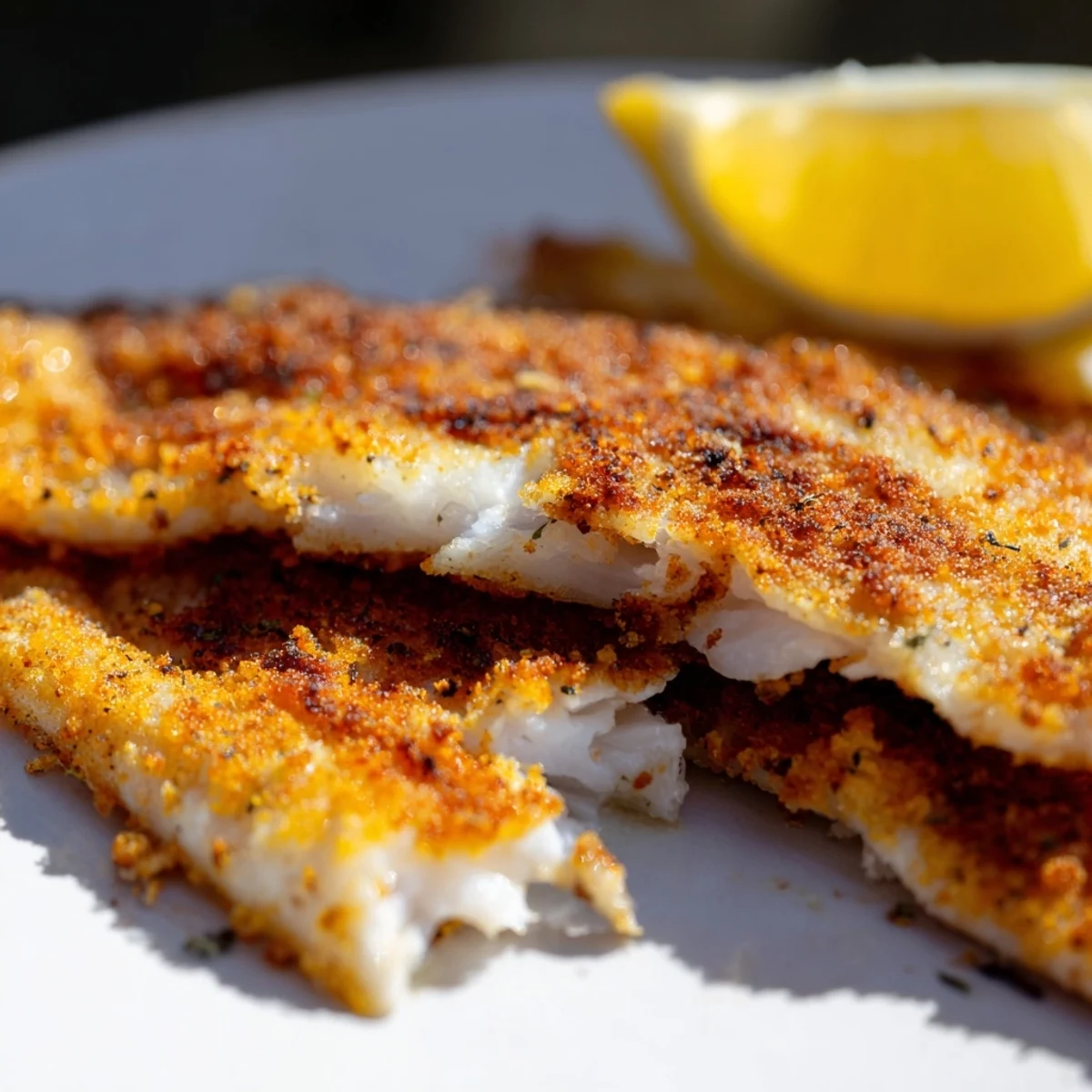 Golden pan fried tilapia fillets with crispy edges served on a white plate