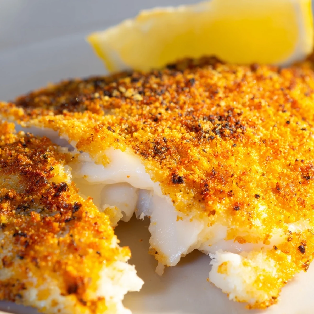 Crispy pan fried tilapia topped with fresh lemon wedges and herb garnish