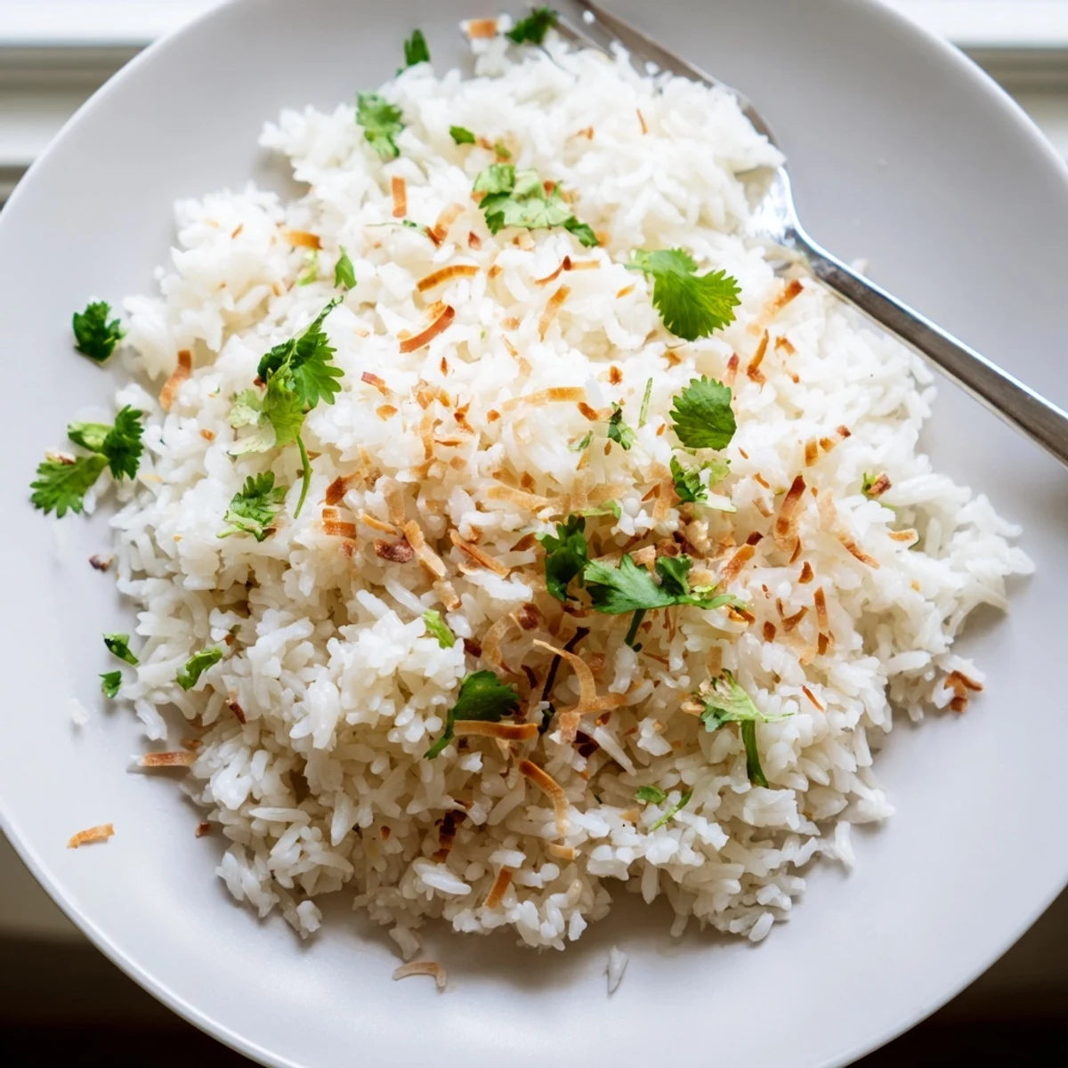 Steaming bowl of coconut rice served alongside a rich Thai curry
