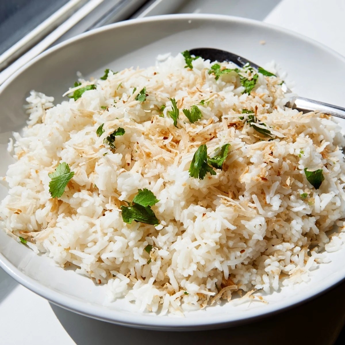 Creamy coconut rice topped with toasted coconut flakes and fresh cilantro