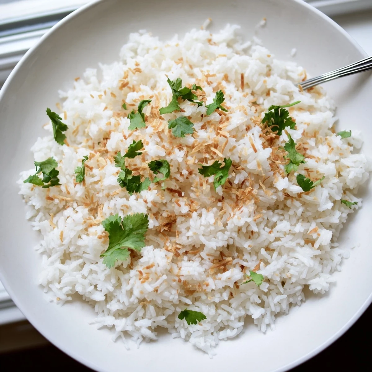 Fluffy coconut rice garnished with cilantro on a rustic wooden serving plate