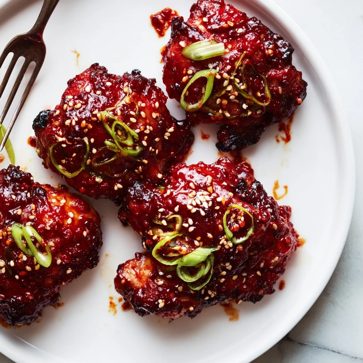 Garnished gochujang chicken with sesame seeds and green onions on steamed rice.