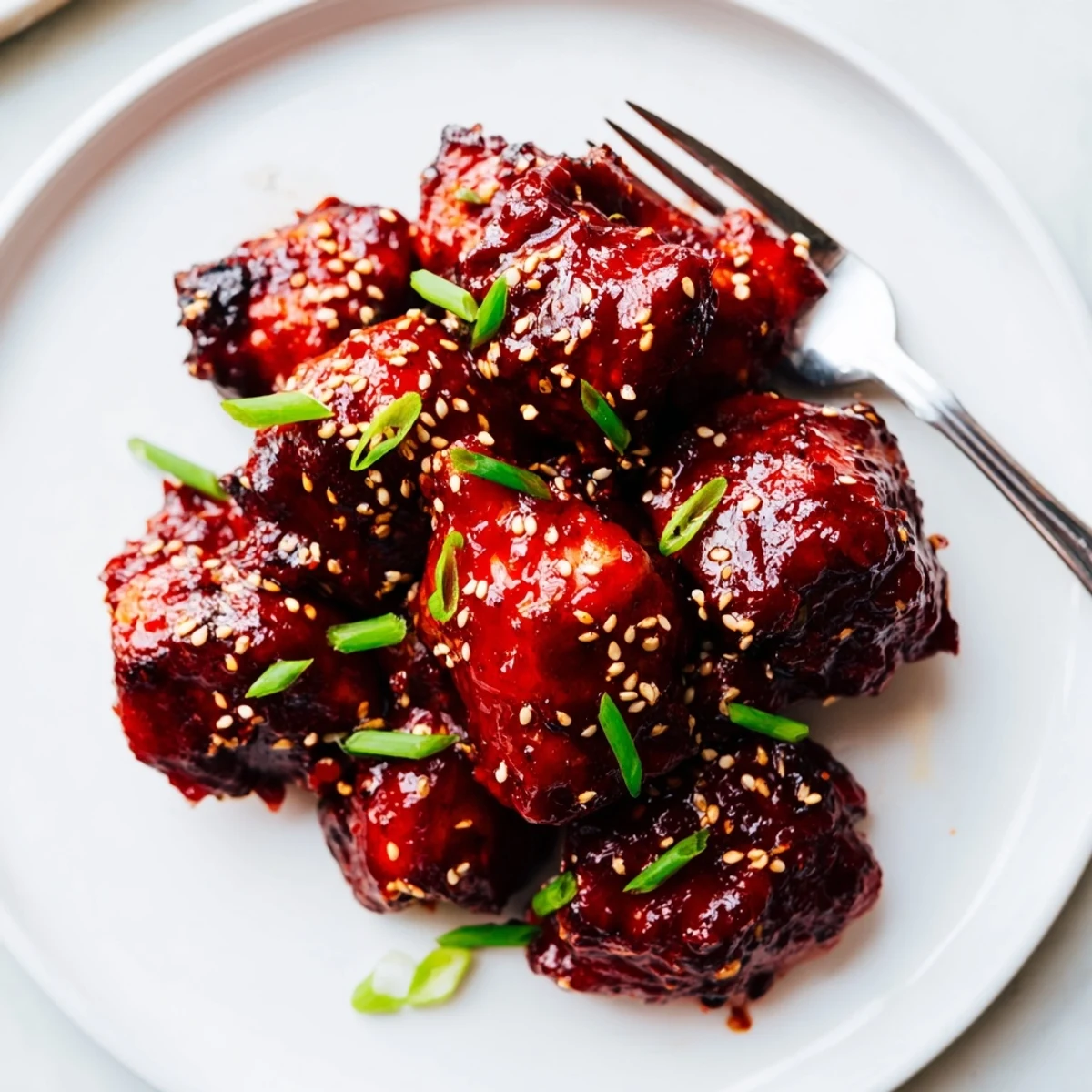 Caramelized gochujang chicken pieces glistening in a sticky, sweet-and-spicy red glaze.